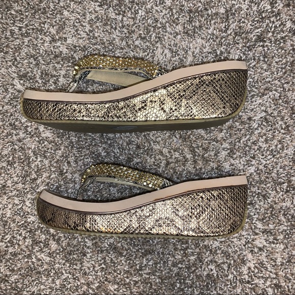 Volatile embellished wedge flip flops